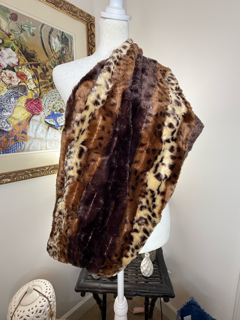 Faux Fur Leopard Print Infinity Scarf Cowl Brown Plush Wrap 30”